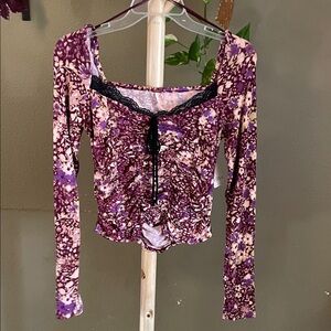 Free People Purple Floral Blouse with Black Lace
